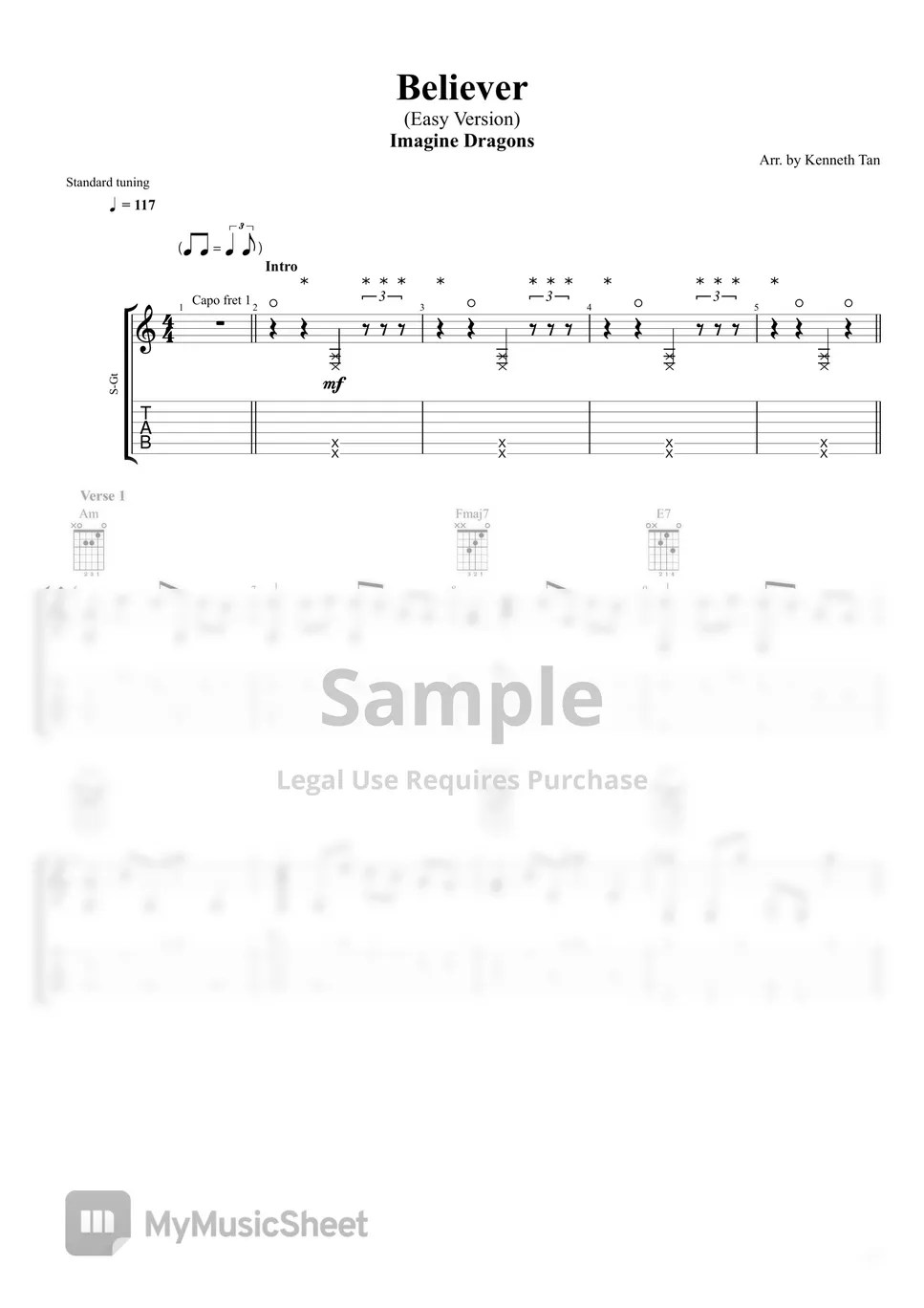 Imagine Dragons Fingerstyle Guitar Believer (Easy Version) Sheets by Acoustic