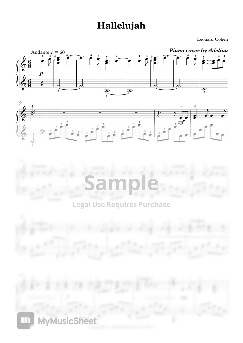 Leonard Cohen Hallelujah Notenblatt by Adelina Piano