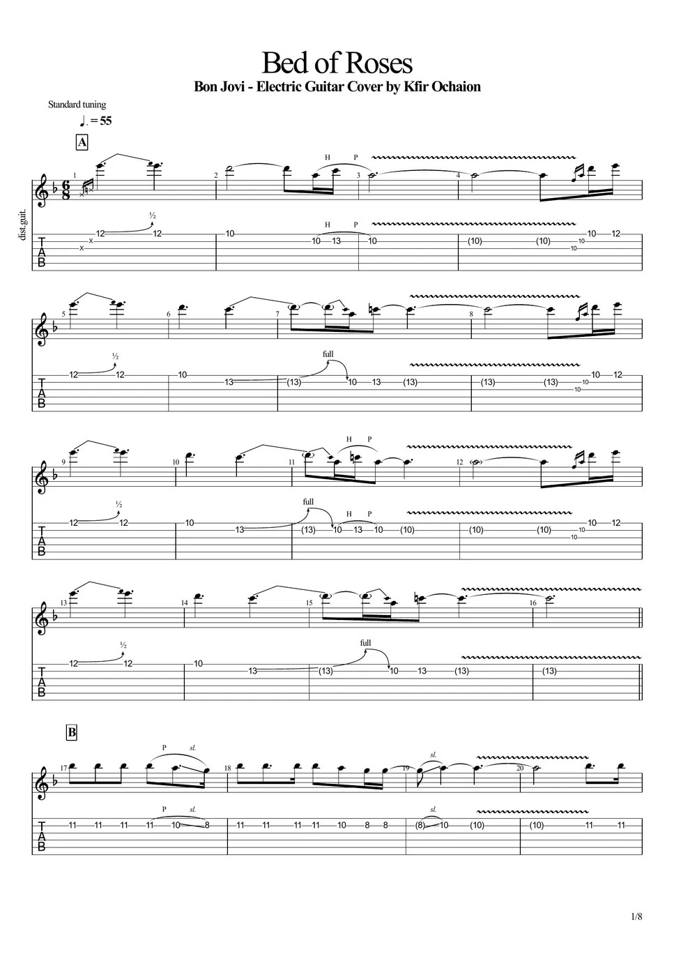 Bon Jovi Bed of Roses Tab + Partition à une seule portée by Kfir Ochaion