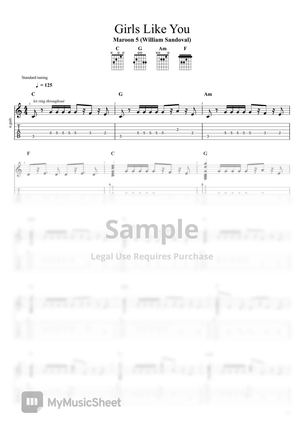 Maroon 5/Cardi B Girls Like You (Acoustic Guitar) Sheets by William