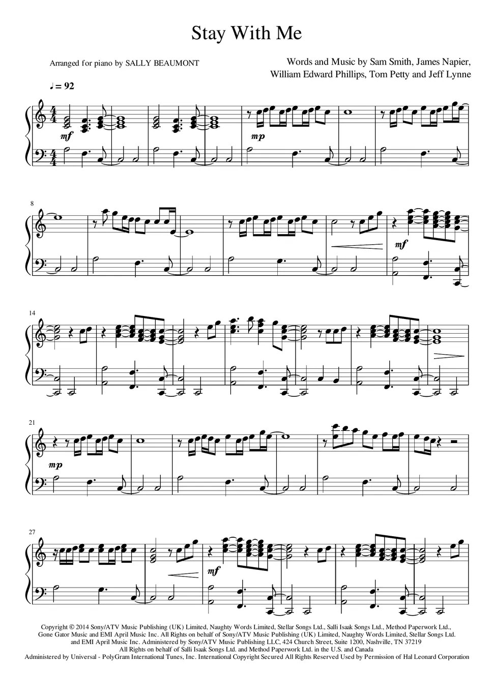 Sam Smith Stay With Me (Piano) Sheets by Sally Beaumont