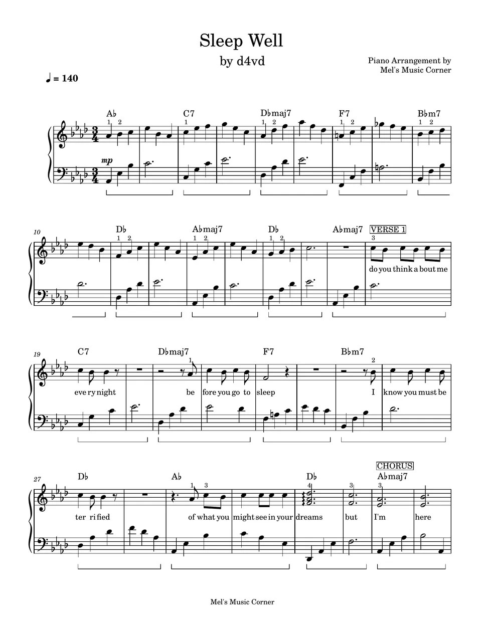 d4vd Sleep Well (piano sheet music) Sheets by Mel's Music Corner