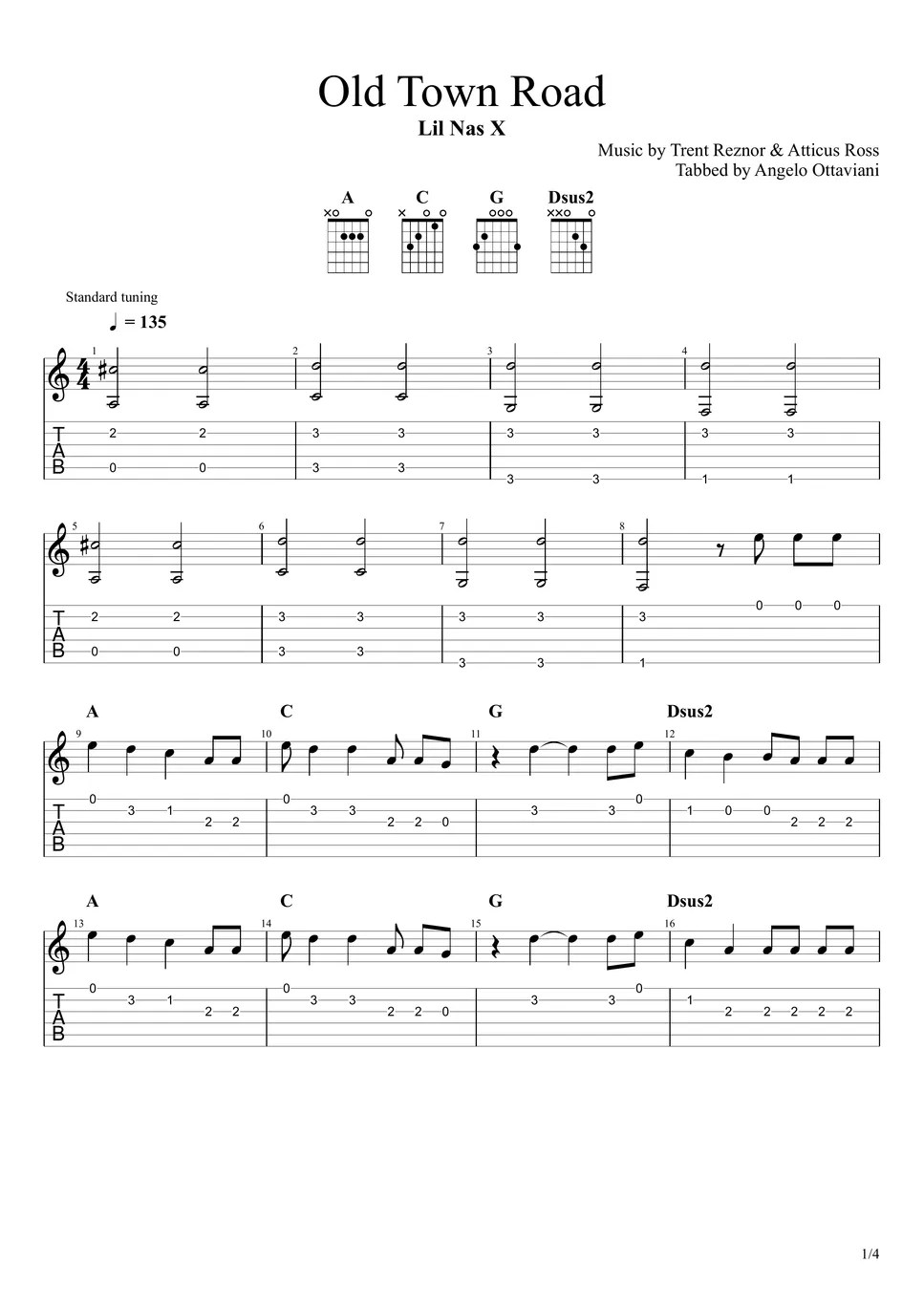 Trent Reznor Old Town Road Tab + 1staff by Guitar