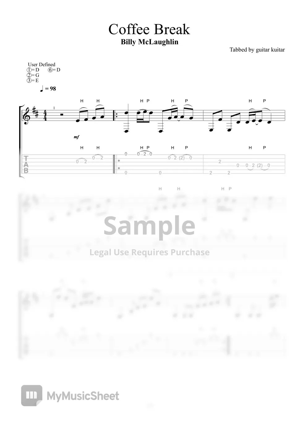Billy McLaughlin Coffee Break (TAB Sheet Music) Tab + 단선 악보 by guitar