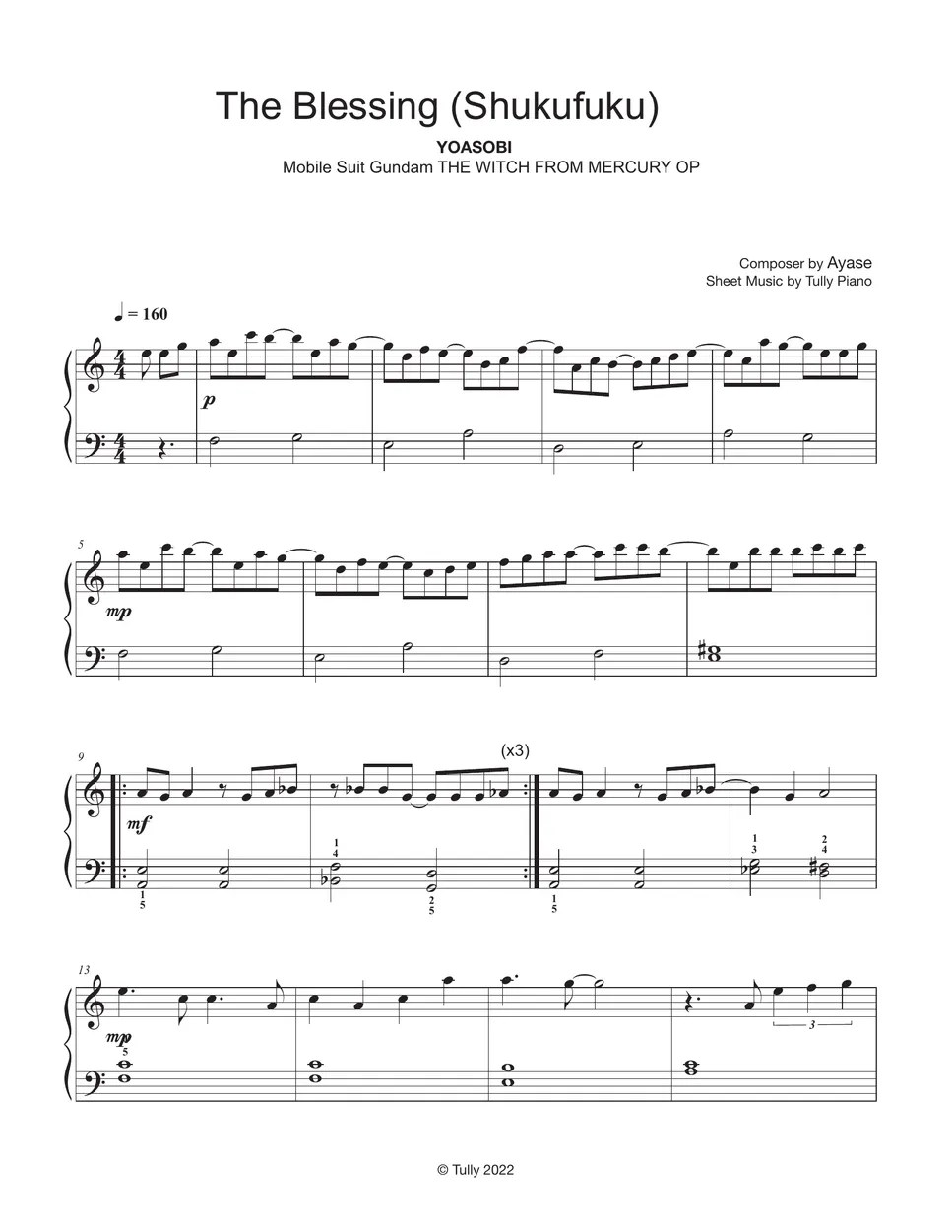 YOASOBI The Blessing (Shukufuku)「祝福」 (Easy ver.) Sheet by Tully Piano
