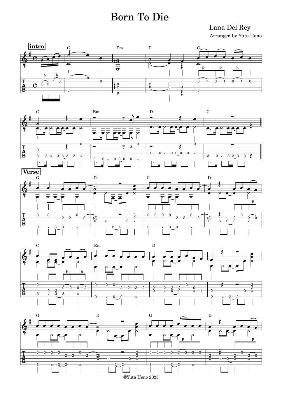 Lana Del Rey Born To Die (Fingerstyle) Tab + 1staff by Yuta Ueno