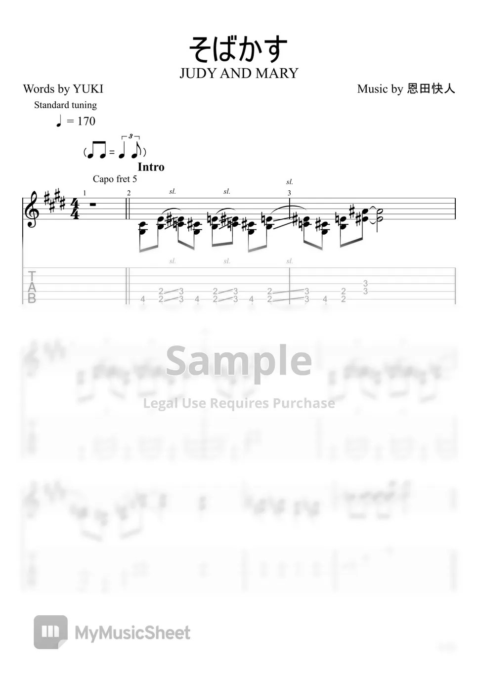 JUDY AND MARY Sobakasu (Fingerstyle) 악보 by u3danchou