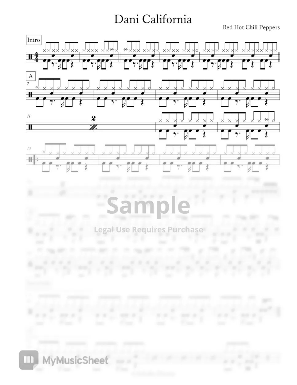 Red Hot Chili Peppers Dani California Sheets by Arkadia Drums