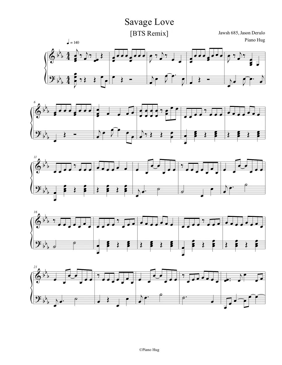 Jawsh 685, Jason Derulo Savage Love (BTS Remix) Sheets by Piano Hug