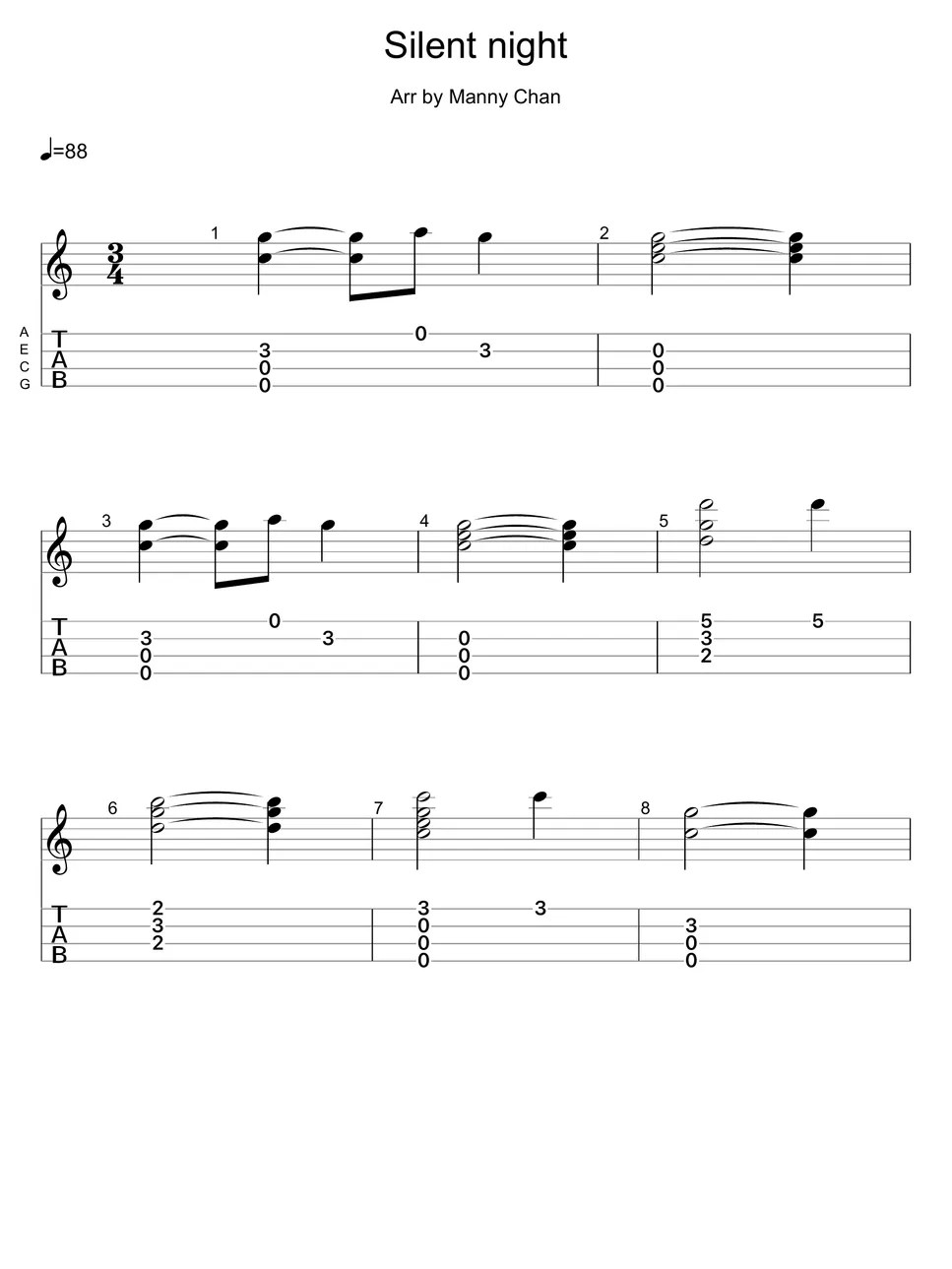 Franz Xaver Gruber Silent night (Ukulele tab) Tab + 1staff by Manny Chan