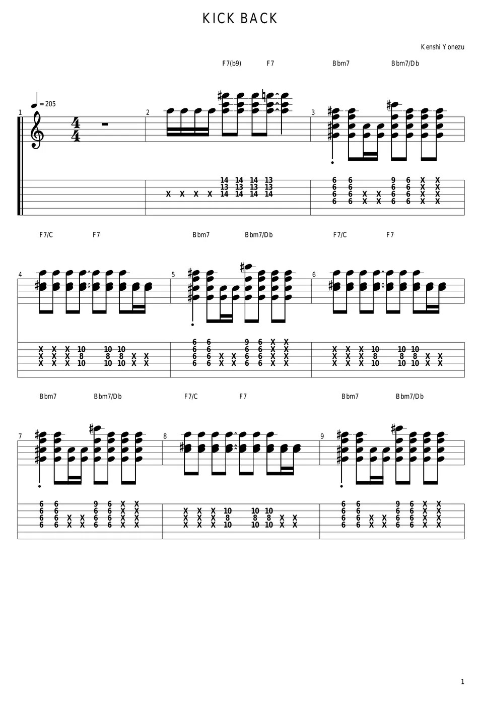 米津玄師 KICK BACK Tab + 1staff by guitar cover with tab