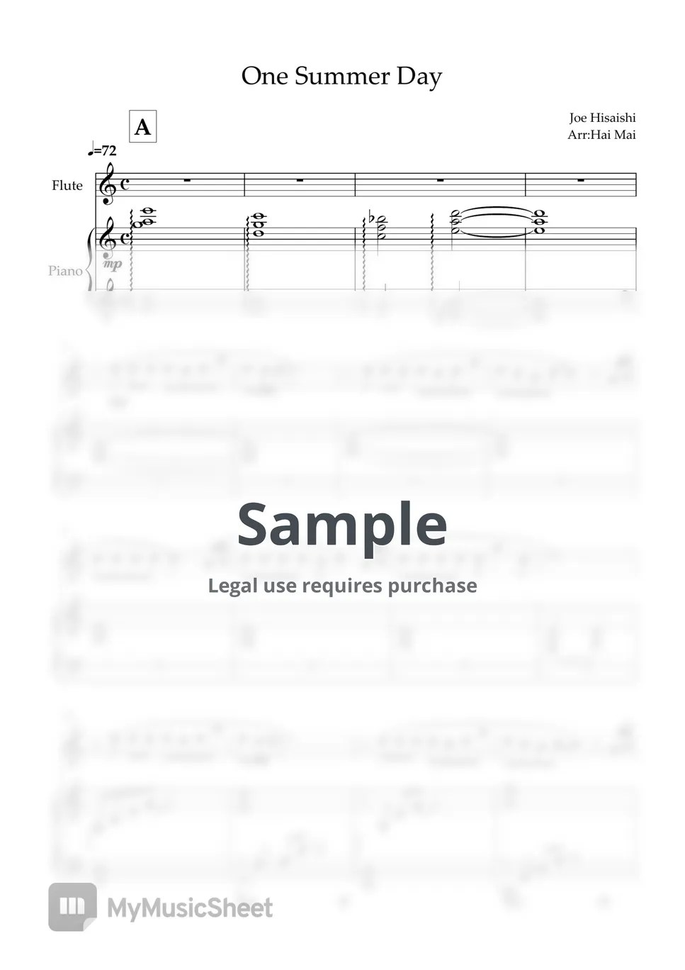 Joe Hisaishi One summer's day for Flute solo and Piano