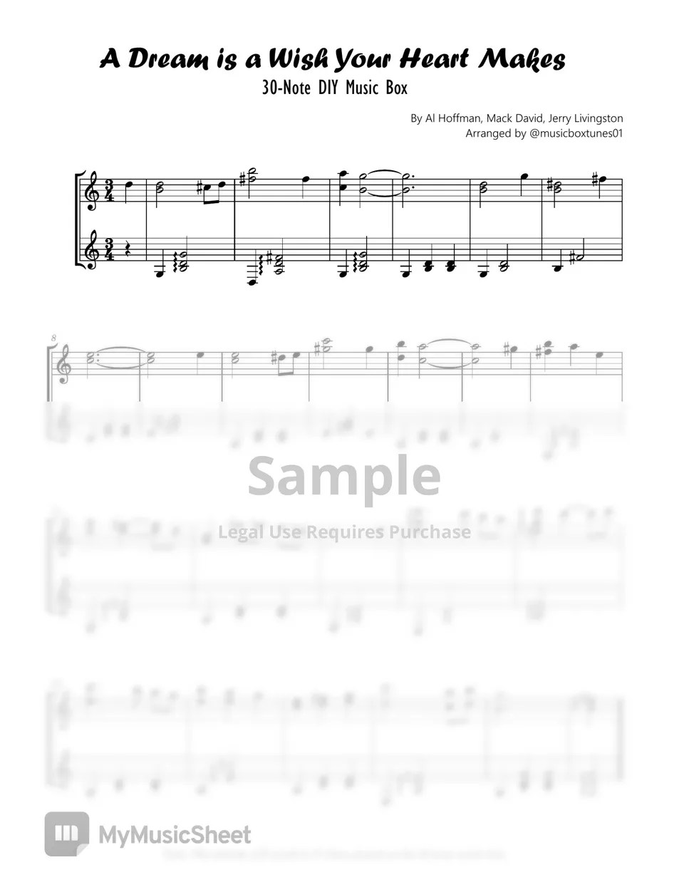 Cinderella A Dream is a Wish (30 Note Music Box) Sheets by Music Box