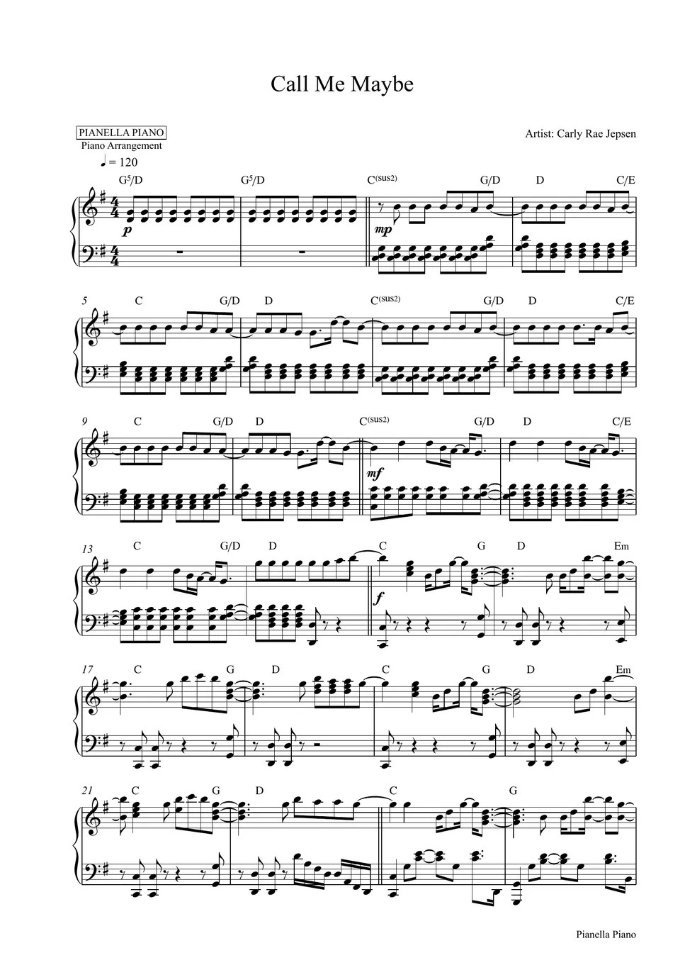 Carly Rae Jepsen Call Me Maybe (Piano Sheet) Partitura by Pianella Piano