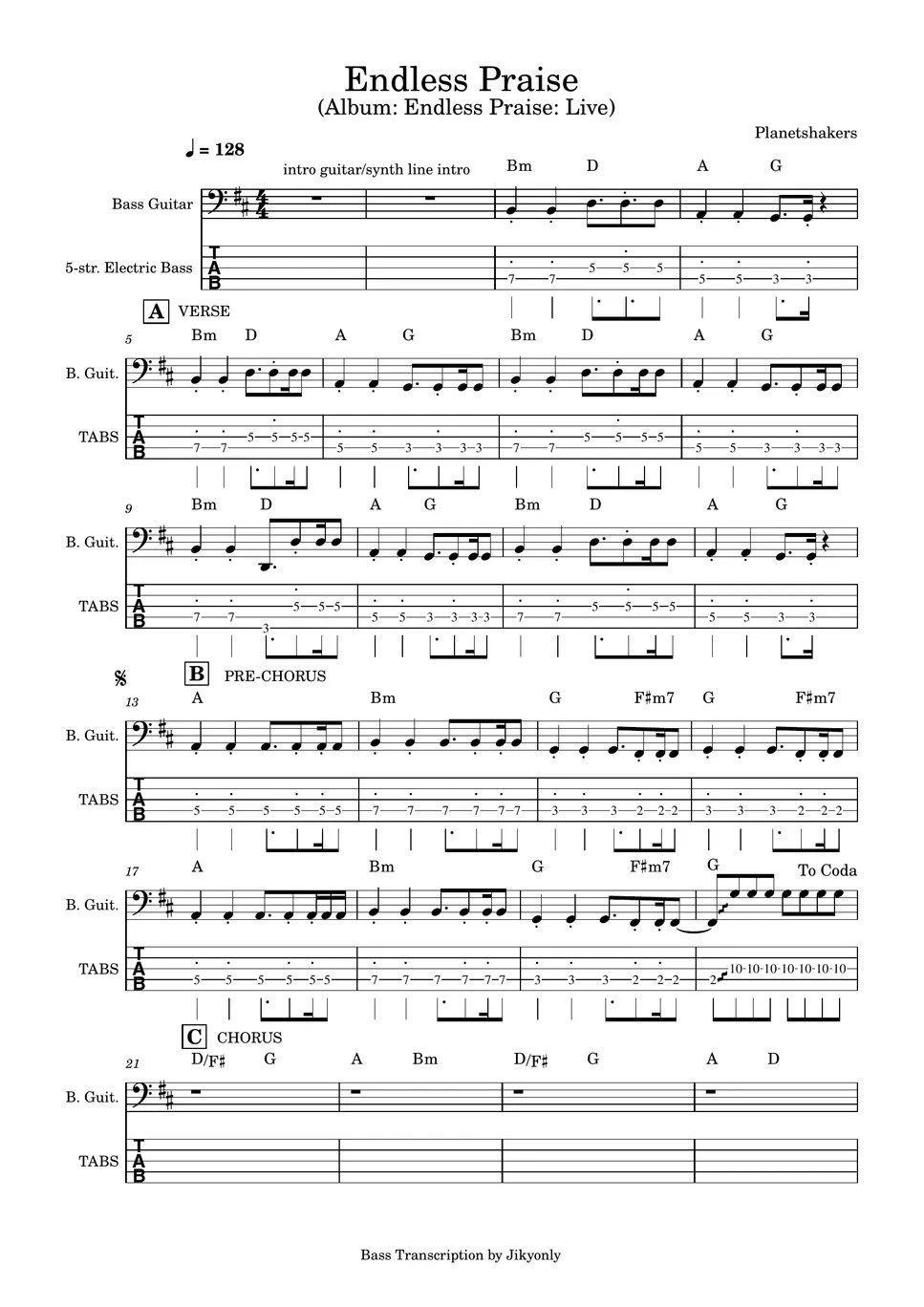 Endless Praise (Bass TABS) (Played on 5 string bass) Sheets by