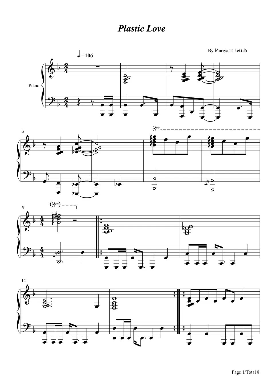 Mariya Takeuchi Plastic Love (Mariya Takeuchi 竹内まりや For Piano