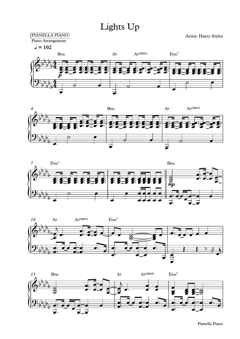 Harry Styles Lights Up (Piano Sheet) Sheet by Pianella Piano