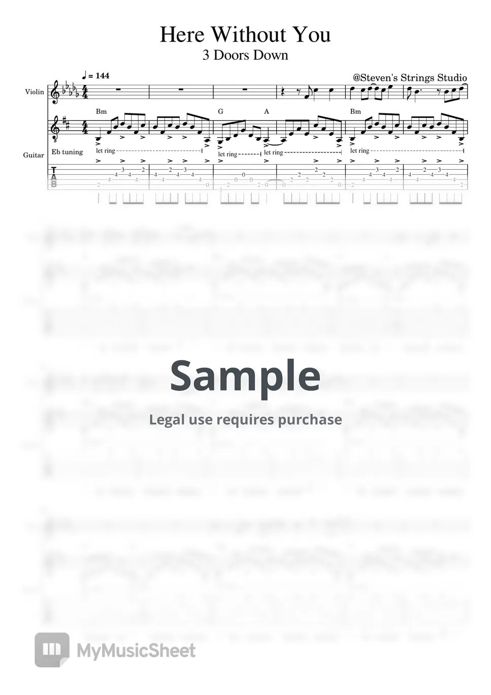 3 Doors Down Here Without You (Violin Guitar Duet) Tab + 1staff by