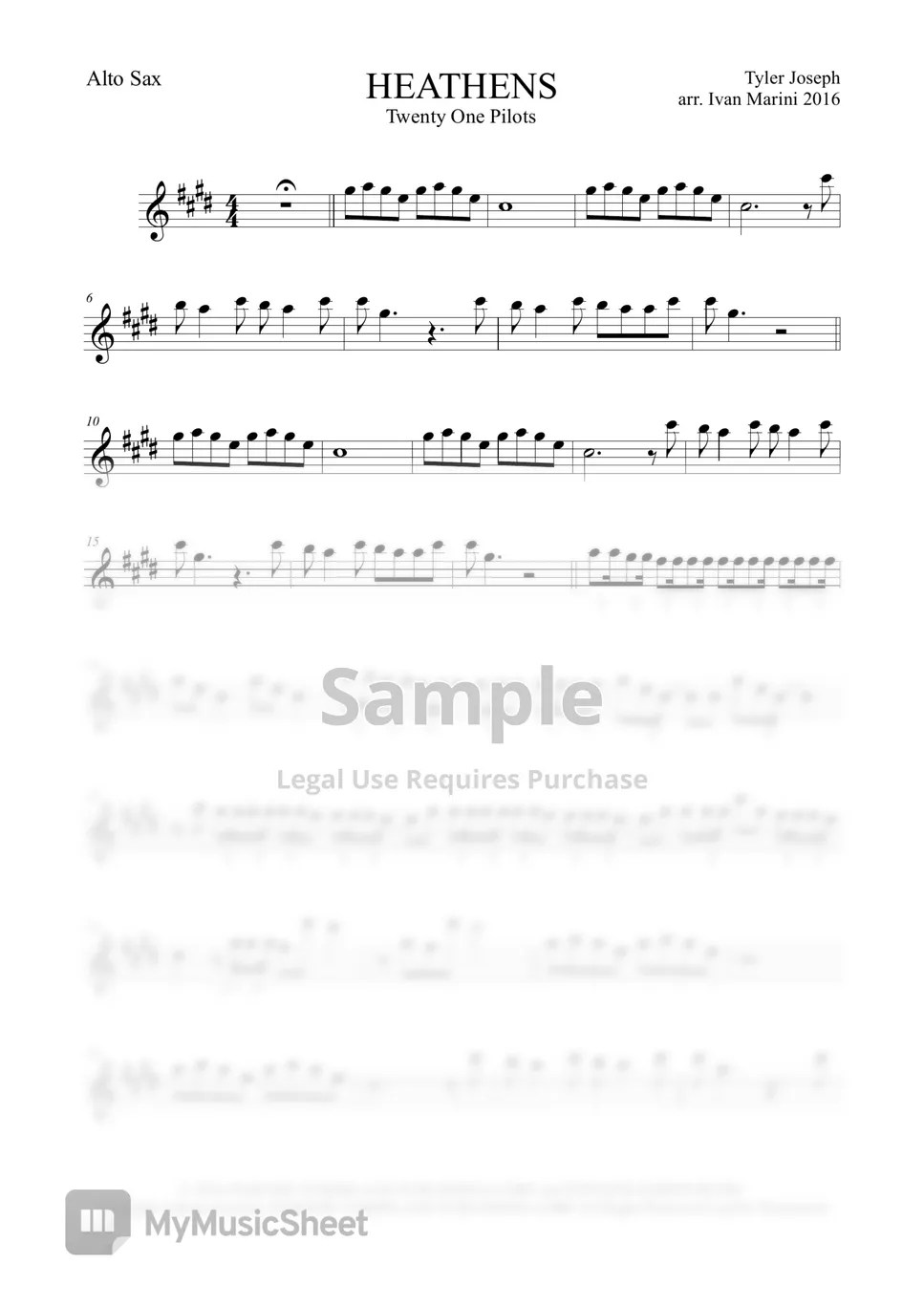 Twenty One Pilots HEATHENS (for Alto Sax) Sheets by Ivan Marini