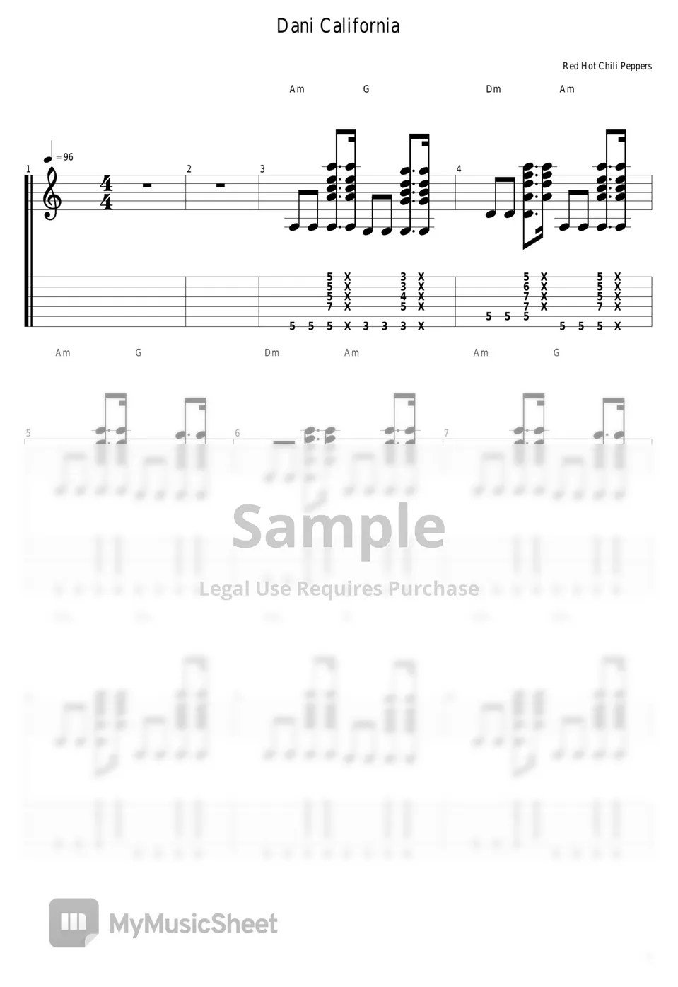 Red Hot Chili Peppers Dani California Tab + 단선 악보 by guitar cover