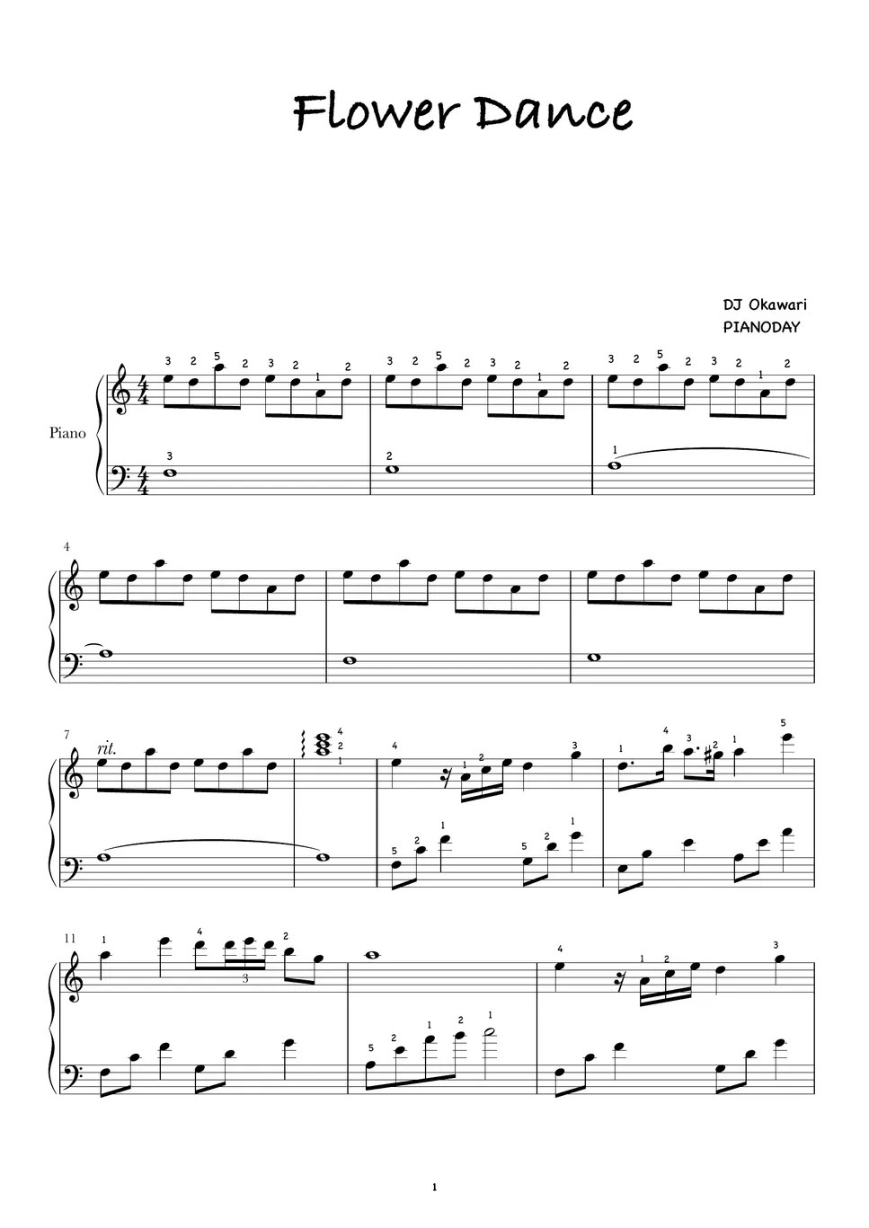 DJ Okawari Flower dance (중급 버전) Sheet by PIANODAY피아노데이