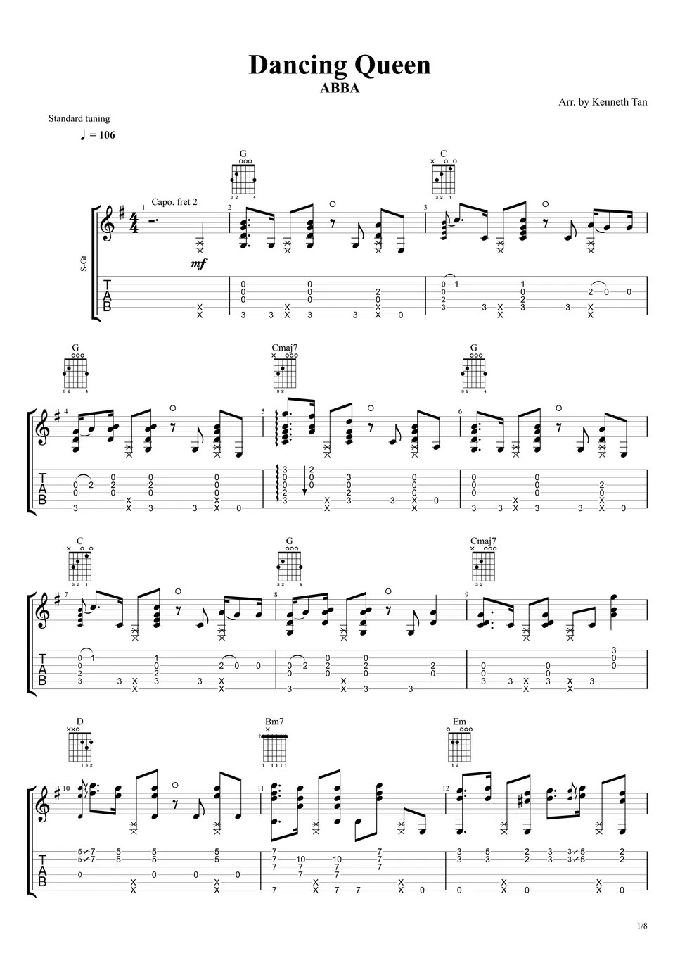 ABBA Fingerstyle Guitar Dancing Queen Partitura by Acoustic