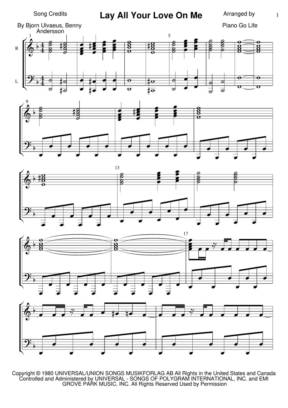 ABBA Lay All Your Love On Me 楽譜 by Piano Go Life