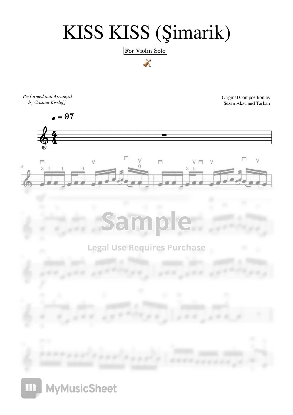 Tarkan KISS KISS (Simarik) (For Violin Solo) 악보 by Cristina Kiseleff