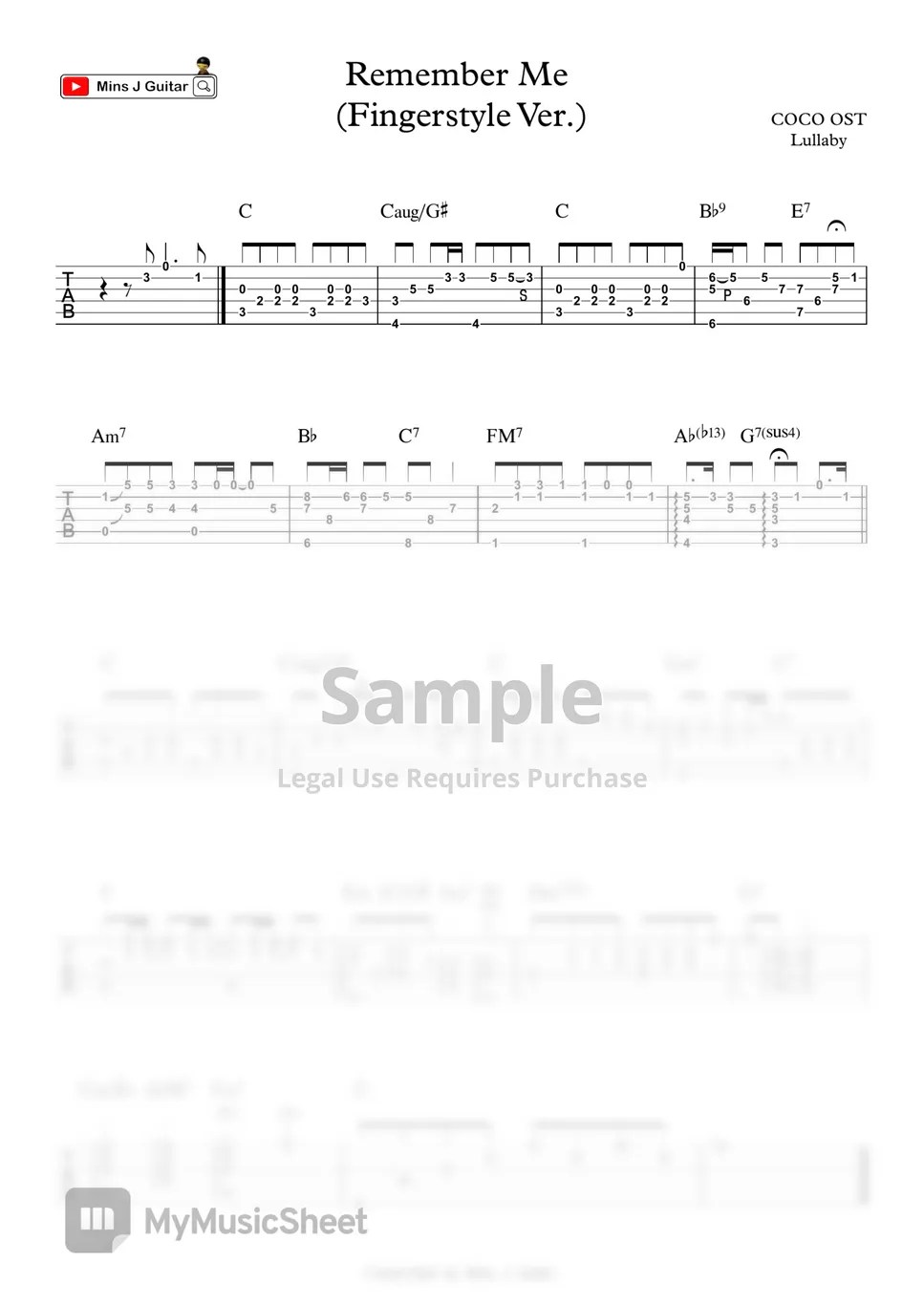 COCO OST Remember Me Fingerstyle Guitar (TAB & Chord) 曲谱 by Mins J Guitar