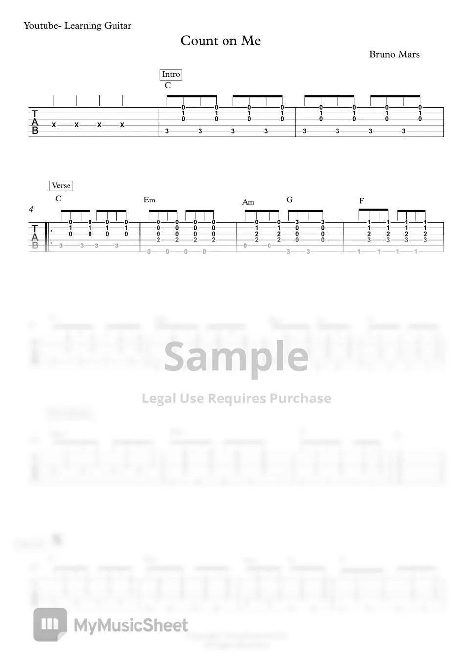 Bruno Mars Count on Me Guitar Rhythm (Chords) TAB 악보 by Learning Guitar
