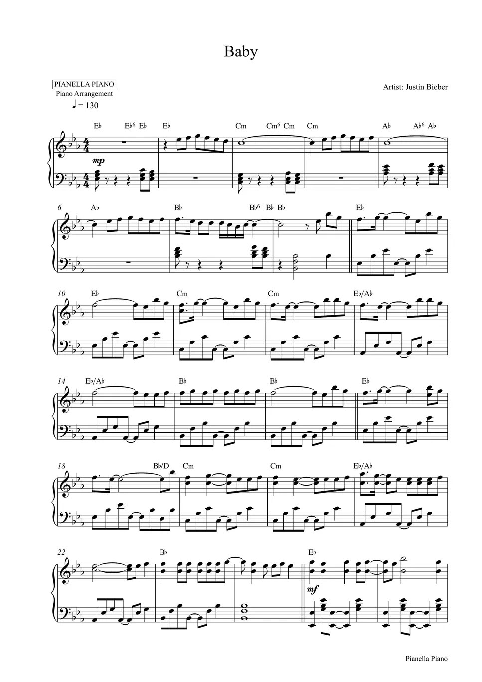 Justin Bieber Baby (Piano Sheet) Sheets by Pianella Piano