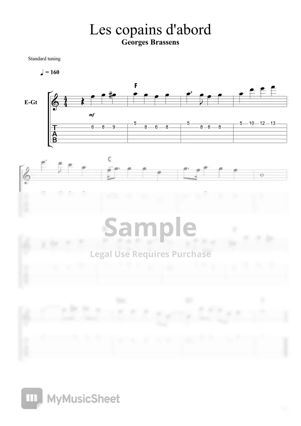 Brassens Les copains d'abord Tab + Partition à une seule portée by