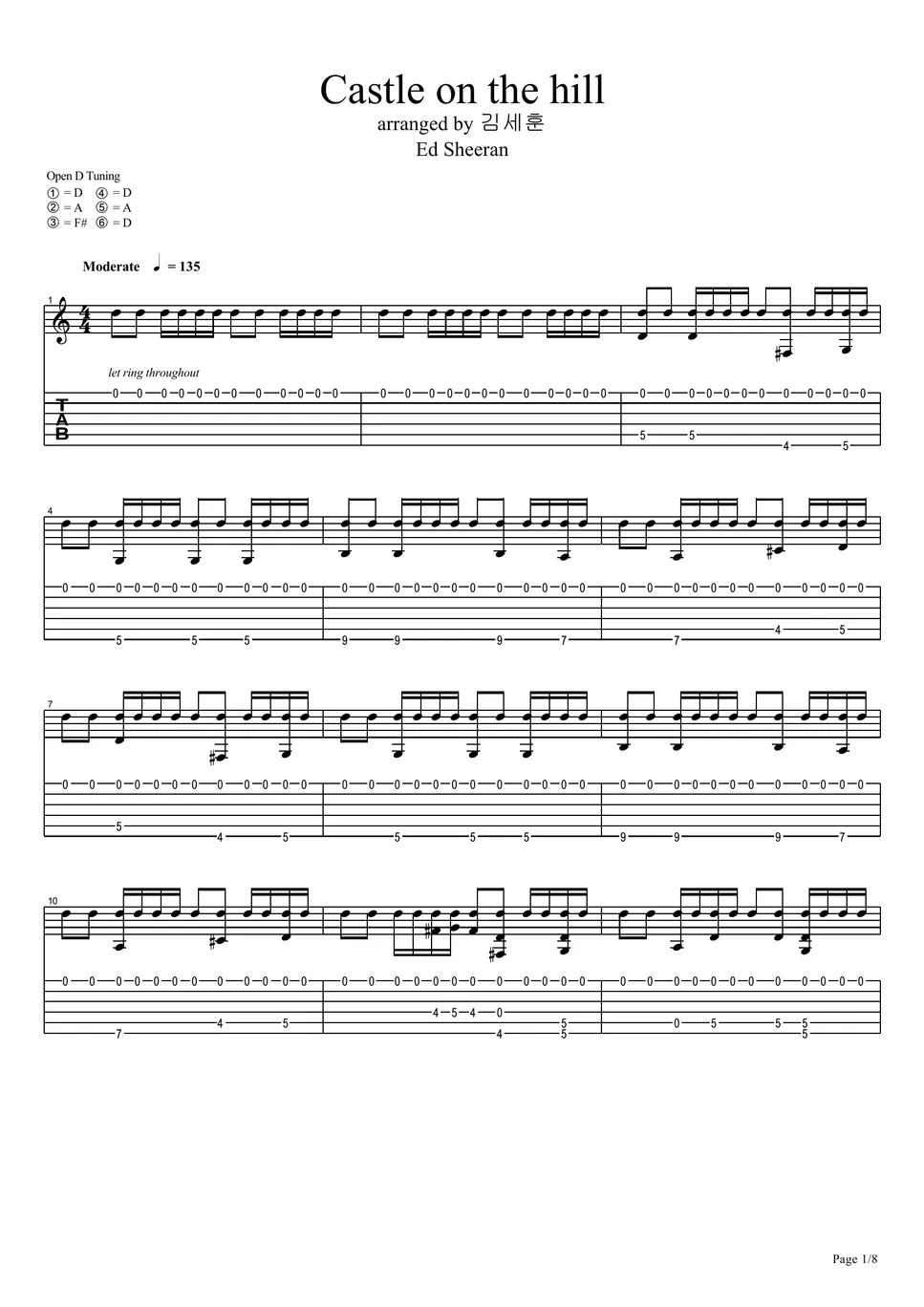 (Ed Sheeran) Castle on the hill fingerstyle guitar Saehun Kim نوتة