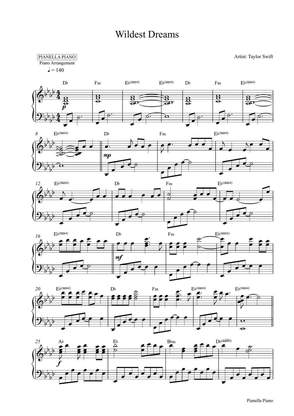 Taylor Swift Wildest Dreams (Piano Sheet) Sheets by Pianella Piano