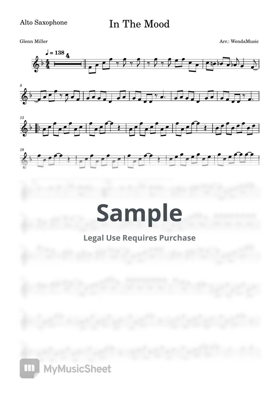 Glenn Miller In The Mood (Alto Sax) Sheets by WendaMusic