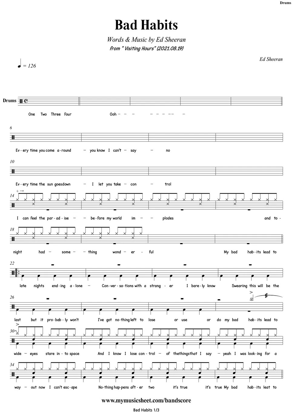 Ed Sheeran Bad Habits 드럼 악보 by COVER SKILLS