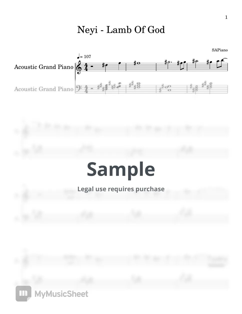 Neyi Lamb Of God (PIANO SHEET) Sheets by SAPiano