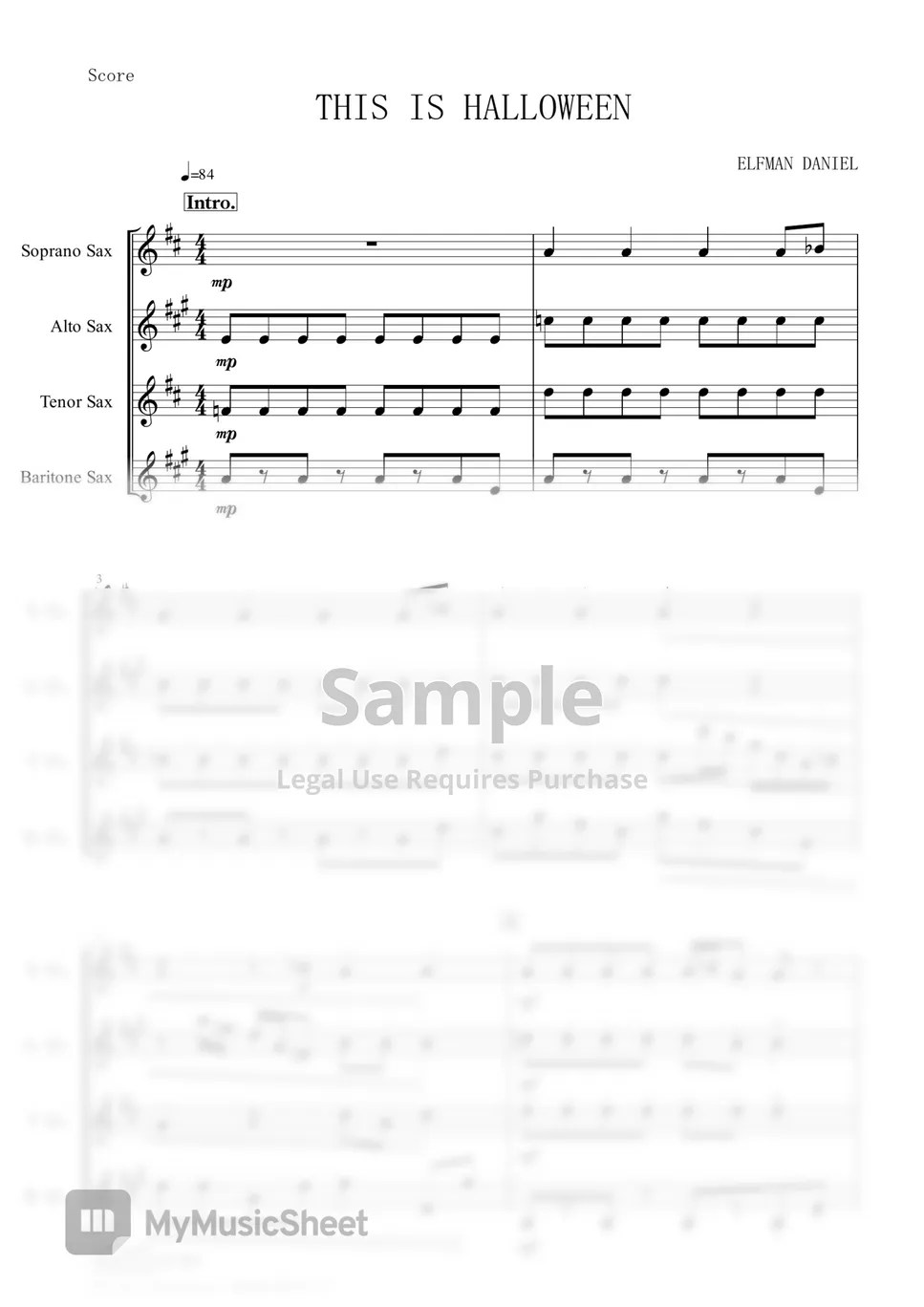 The Nightmare Before Christmas This is Halloween (Sax Quartet) Sheets
