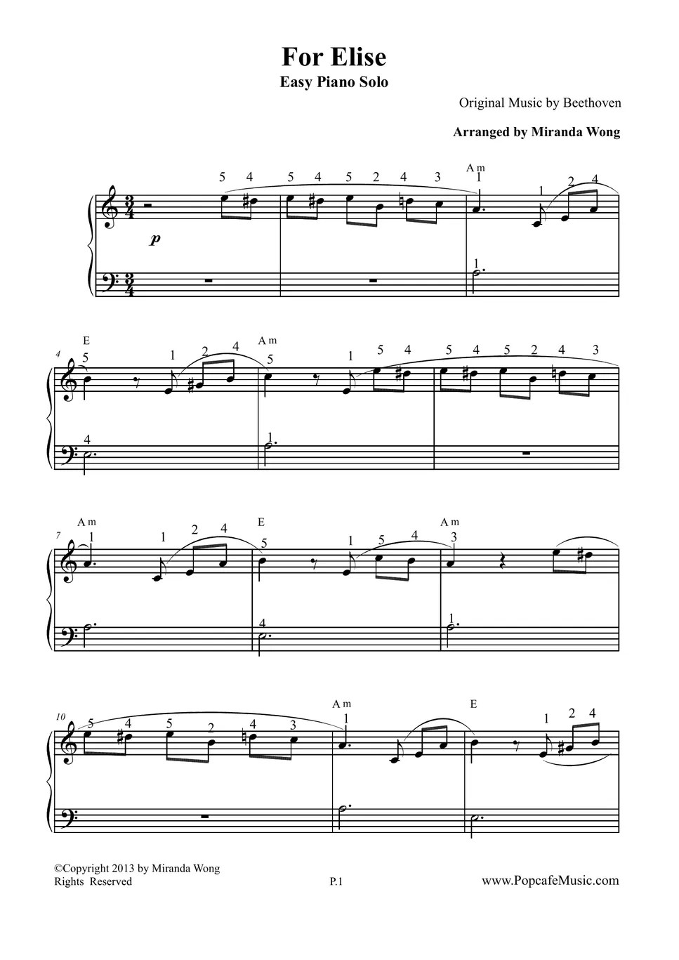 Beethoven For Elise Easy Piano Version (With Fingerings) Sheet by