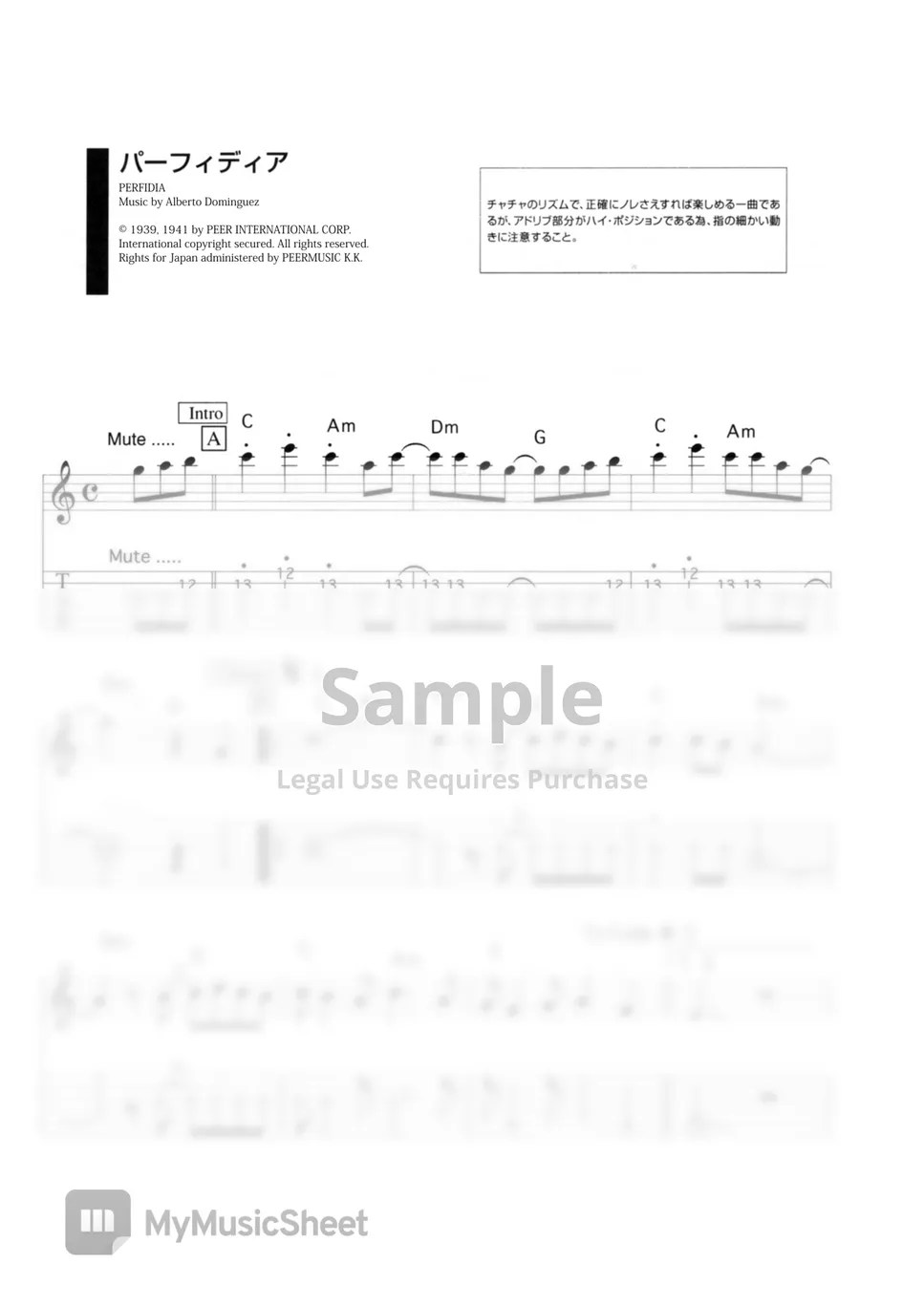 SHADOWS PERFIDIA (Electricguitar Instrumental Sheet Music) Sheets by