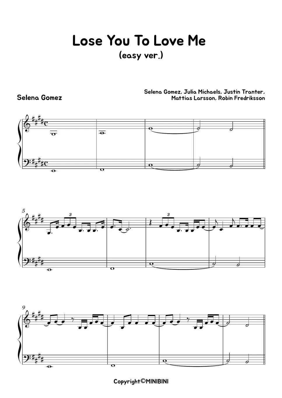 Selena Gomez Lose You To Love Me [Easy Version] Lembar Musik