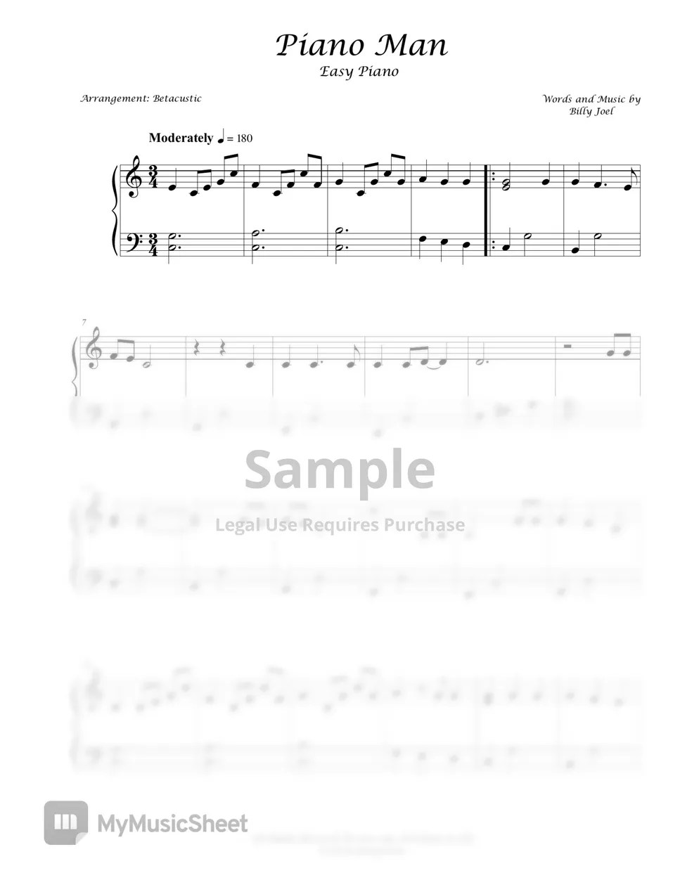 Billy Joel Piano Man (Easy Piano) 악보 by Betacustic