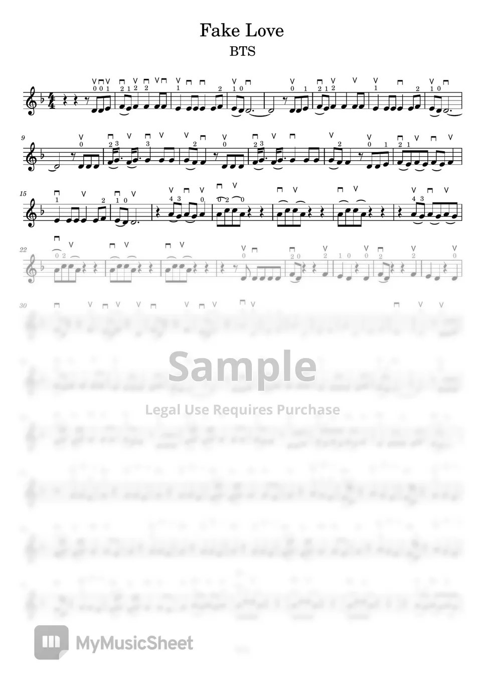 BTS Fake love violin (beginners) (with fingerings) 악보 by Bella