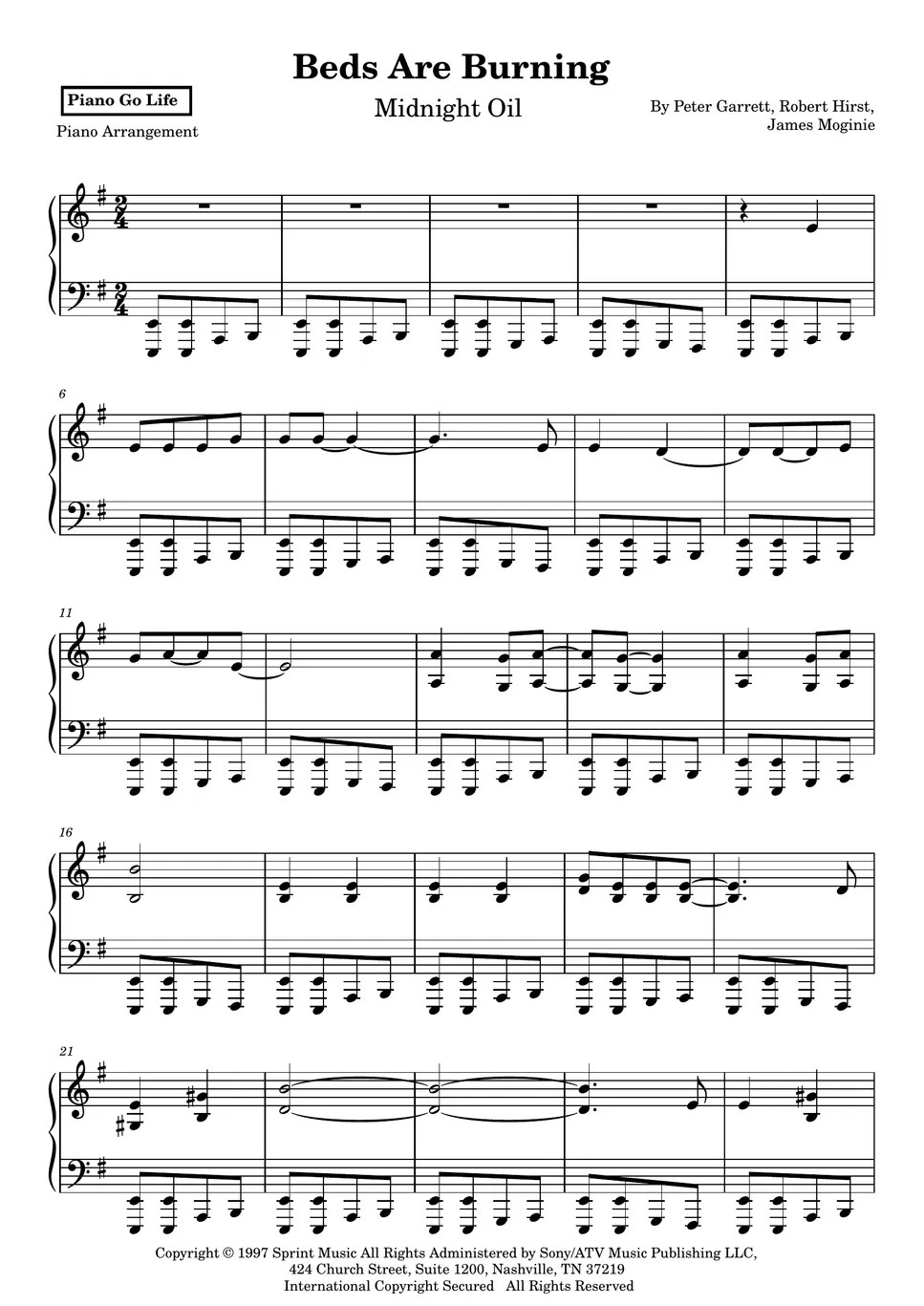 Midnight Oil Beds Are Burning 악보 by Piano Go Life