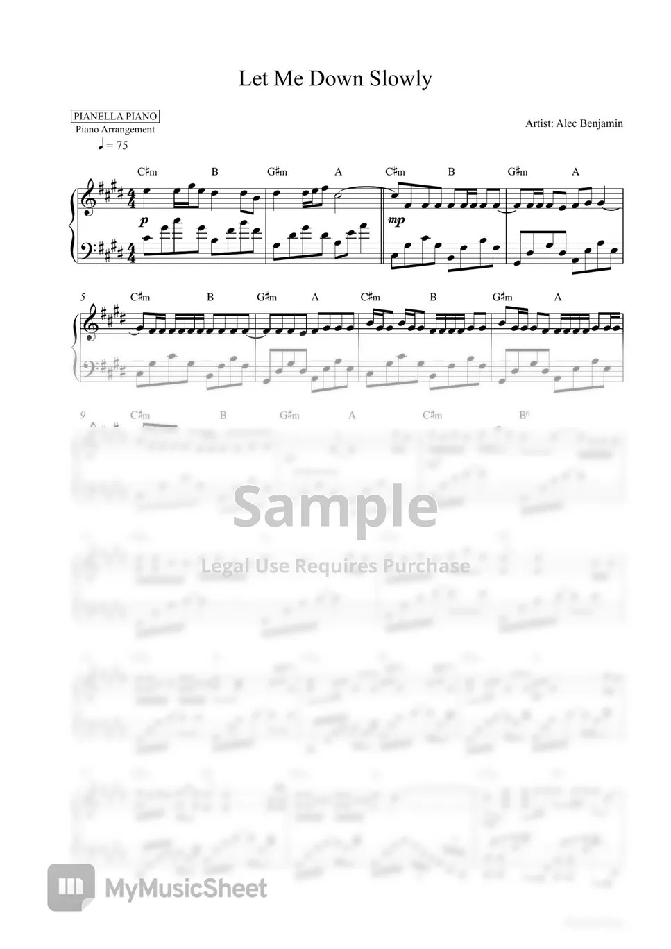 Alec Benjamin Let Me Down Slowly (Piano Sheet) Sheets by Pianella Piano