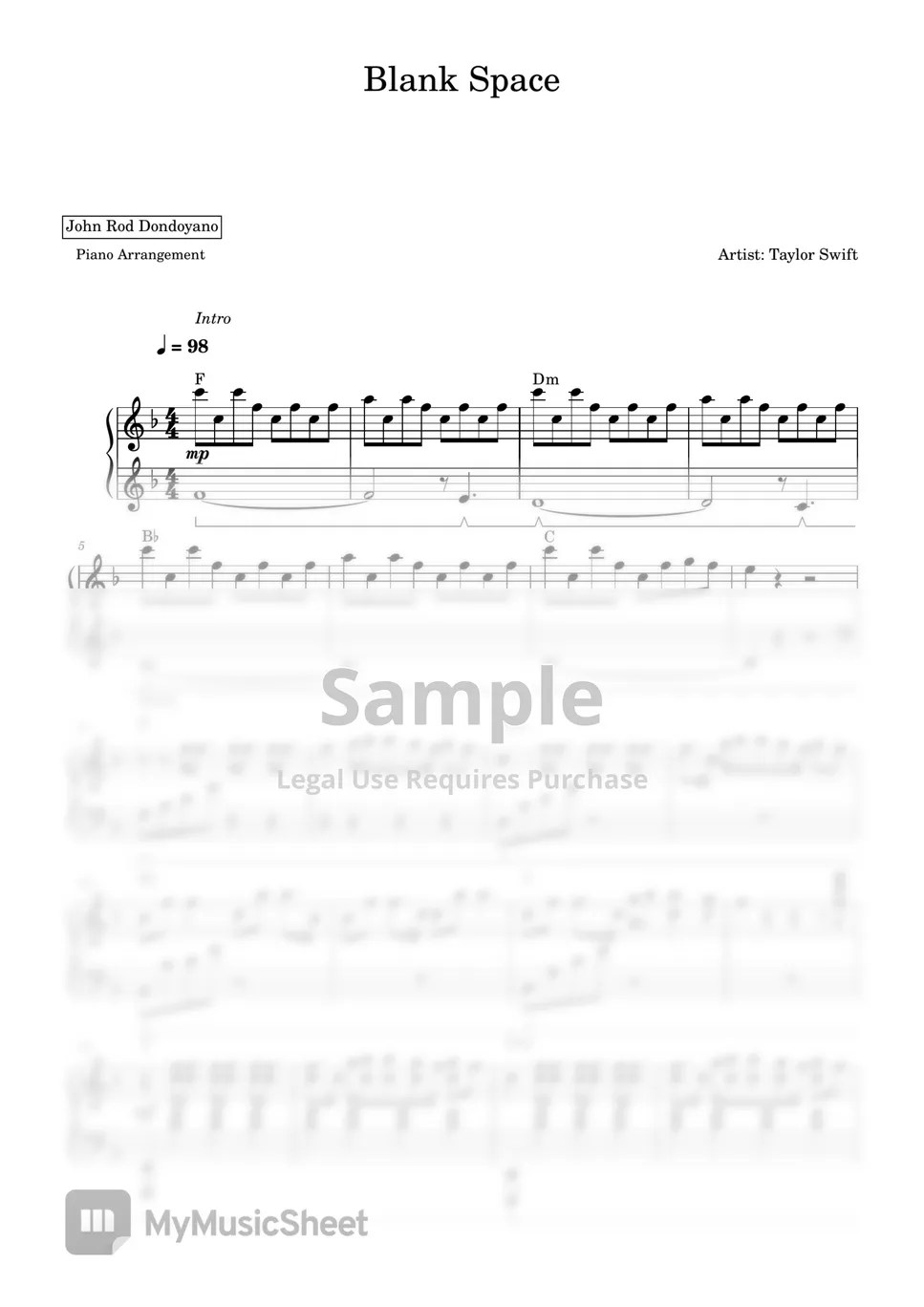 Taylor Swift Blank Space (PIANO SHEET) 악보 by John Rod Dondoyano