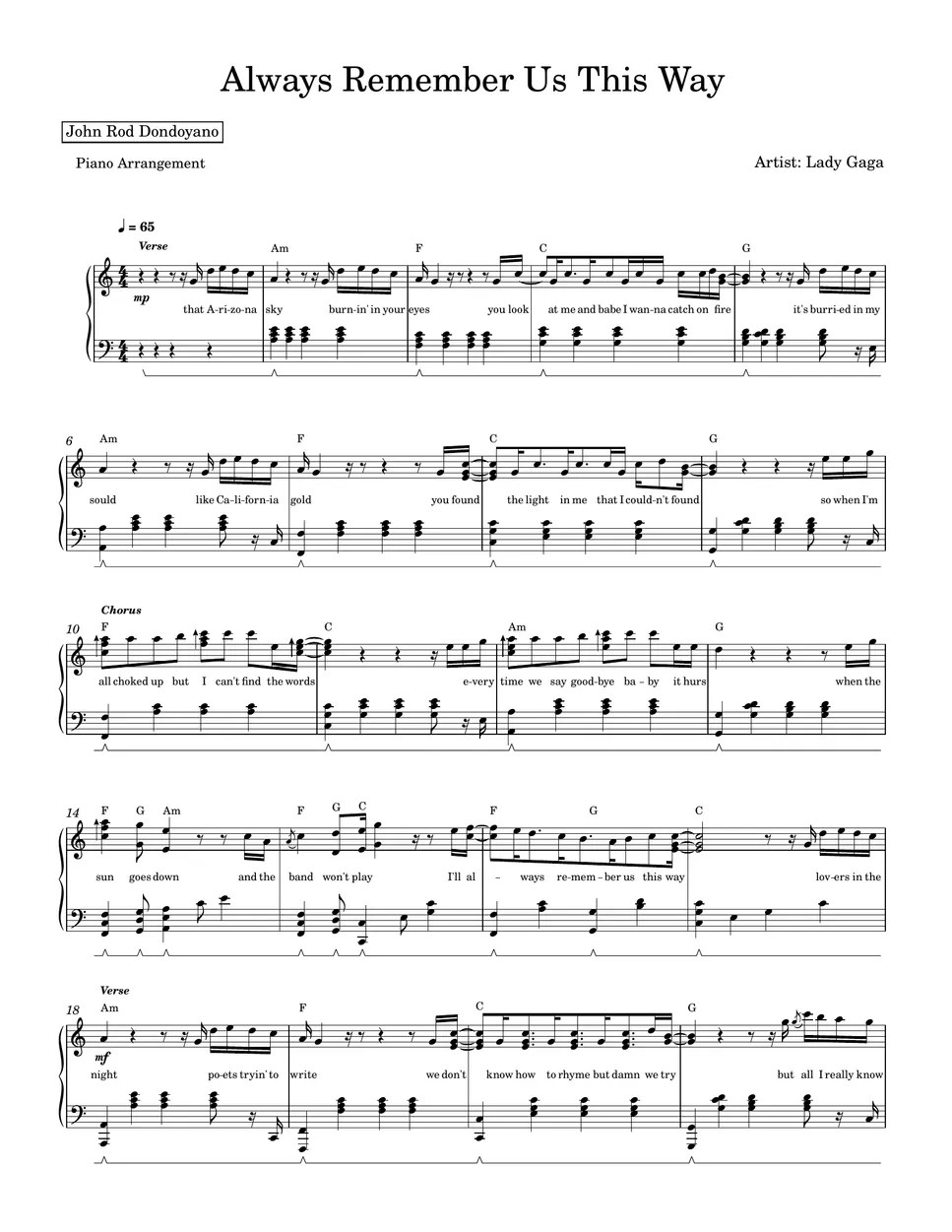 Lady Gaga Always Remember Us This Way (PIANO SHEET) 楽譜 by John Rod