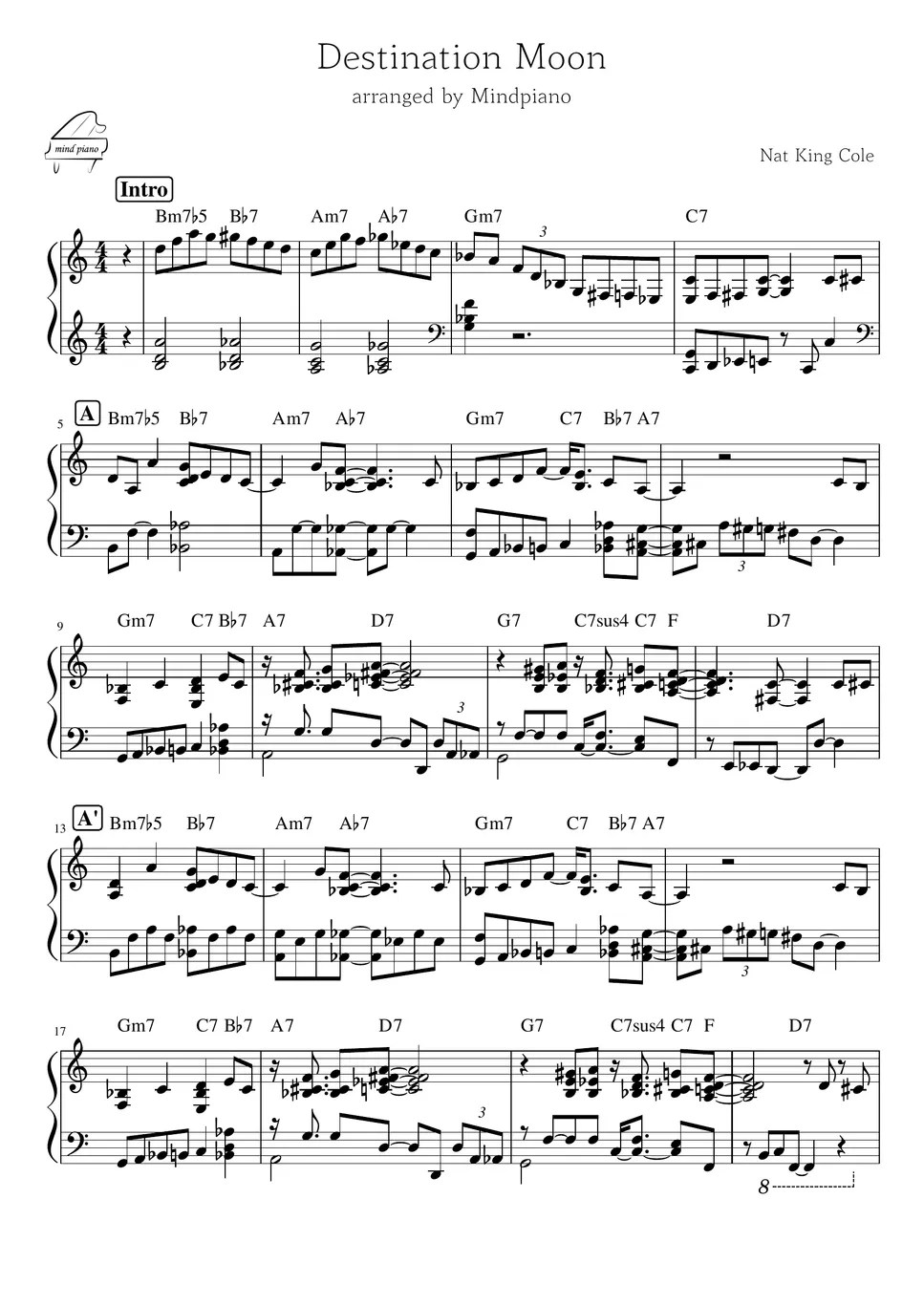 Nat King Cole Destination Moon (Jazz Swing Piano) Sheets by Mindpiano