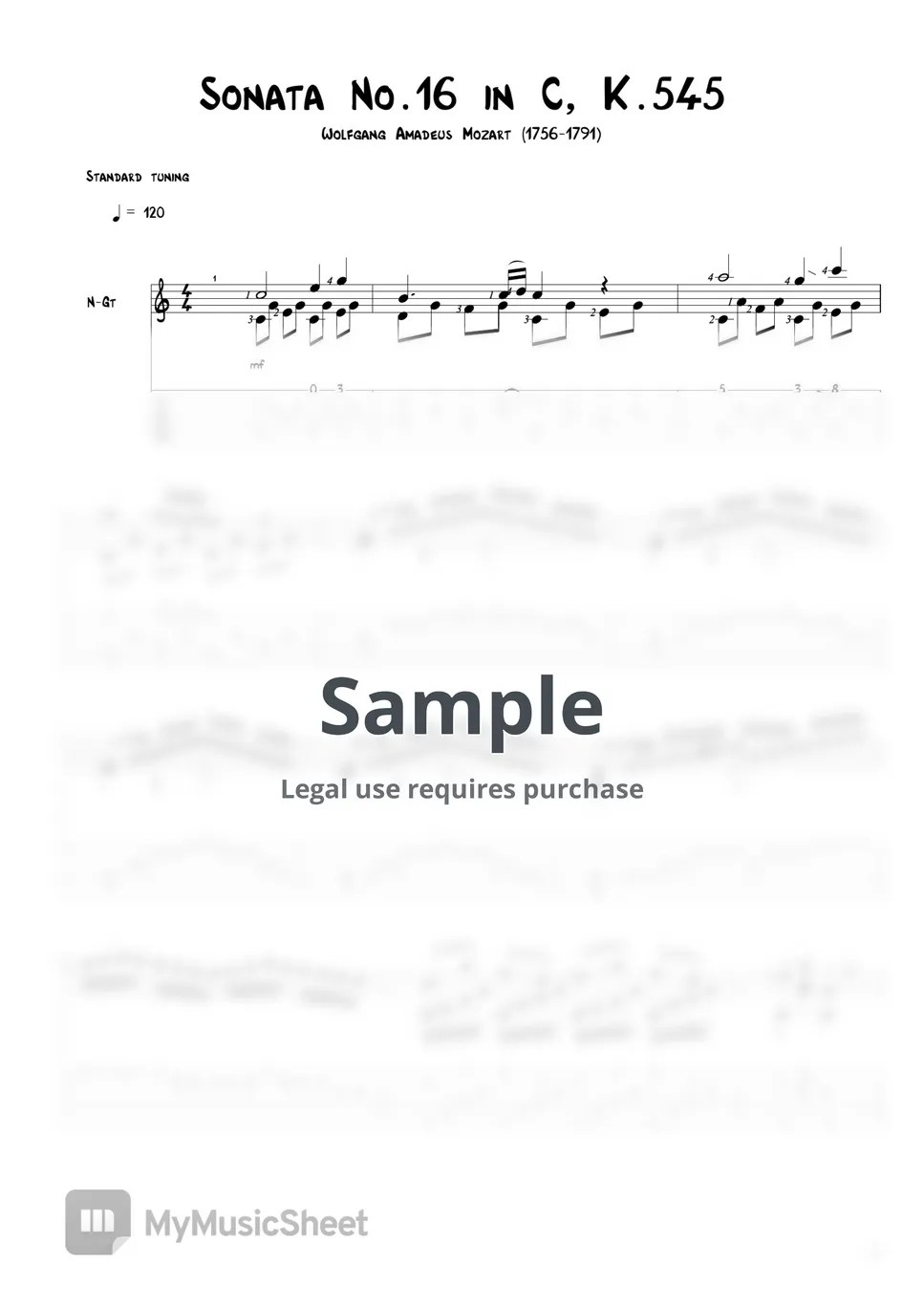 W.A. Mozart Sonata No.16 in C, K.545 Tab + 1staff by Agape Guitar