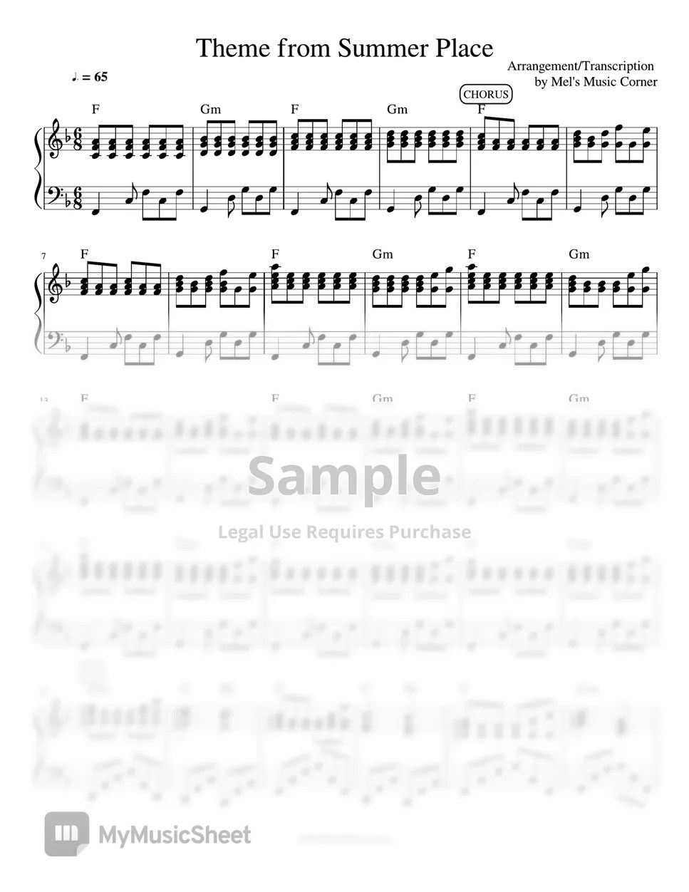 Percy Faith Theme From A Summer Place (piano sheet music) Sheets by